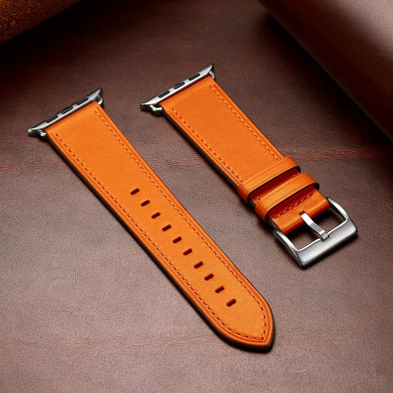 OUHENG Leather Bands Compatible with Apple Watch Band 49mm/46mm/45mm/44mm/42mm, Genuine Leather Strap for iWatch Series 11/10/9/8/7/6/5/4/3/2/1 & Ultra 3/2/1 & SE3 SE2 SE, Orange/Silver - Image 5